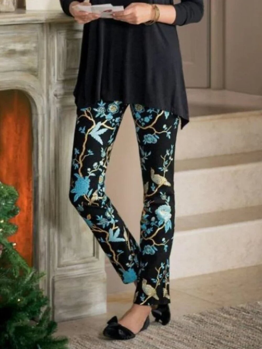 Soft Surroundings Chinoiserie Pants Ponte Foil Printed Floral Birds Boho size XL